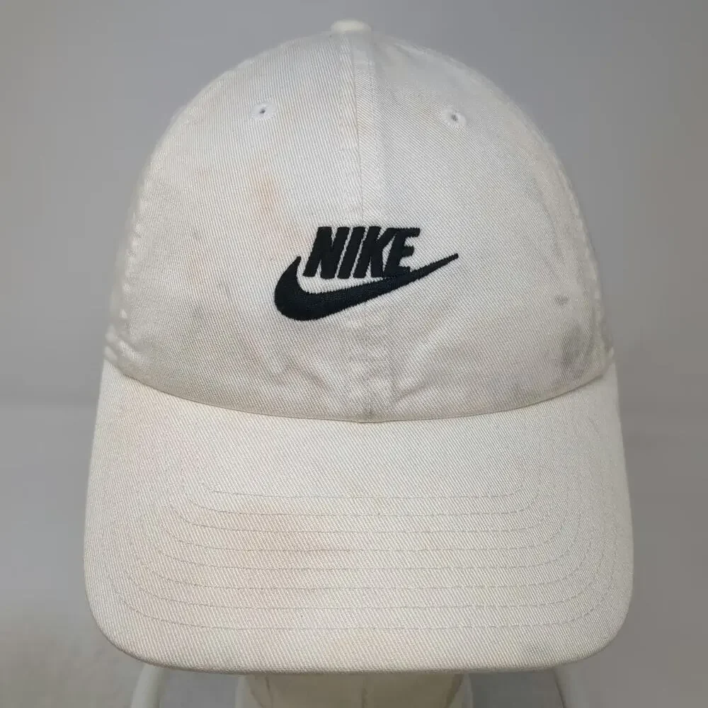Nike Baseball Cap White M Black Logo Slideback Cotton 6 Panel Swoosh Sport Hat